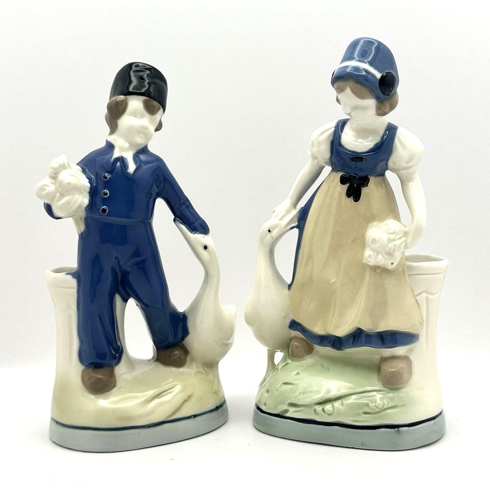 Vintage Dutch Boy Girl Goose Flower Holder Vase Planter Pair Blue White 7.5"